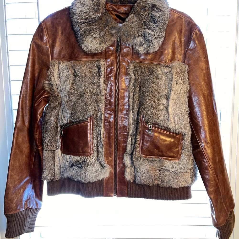 Wilsons Maxima Womens Leather Rabbit Fur Jacket Size XL Brown Zip Pockets